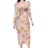 Hawaii Anthurium Tiare Pikake Lei Long Sleeve Bodycon Dress Akala Lauhala Art Pattern LT01 Long Dress Pink - Polynesian Pride