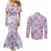 Hawaii Anthurium Tiare Pikake Lei Couples Matching Mermaid Dress and Long Sleeve Button Shirt Poni Lauhala Art Pattern