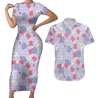Hawaii Anthurium Tiare Pikake Lei Couples Matching Short Sleeve Bodycon Dress and Hawaiian Shirt Poni Lauhala Art Pattern
