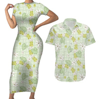 Hawaii Anthurium Tiare Pikake Lei Couples Matching Short Sleeve Bodycon Dress and Hawaiian Shirt Sage Green Lauhala Art Pattern