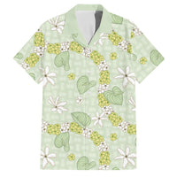 Hawaii Anthurium Tiare Pikake Lei Family Matching Short Sleeve Bodycon Dress and Hawaiian Shirt Sage Green Lauhala Art Pattern