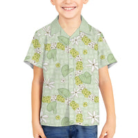 Hawaii Anthurium Tiare Pikake Lei Family Matching Short Sleeve Bodycon Dress and Hawaiian Shirt Sage Green Lauhala Art Pattern