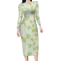 Hawaii Anthurium Tiare Pikake Lei Long Sleeve Bodycon Dress Sage Green Lauhala Art Pattern LT01 Long Dress Green - Polynesian Pride