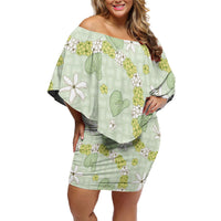 Hawaii Anthurium Tiare Pikake Lei Off Shoulder Short Dress Sage Green Lauhala Art Pattern LT01 Women Green - Polynesian Pride