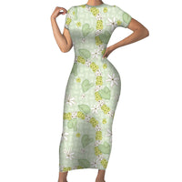 Hawaii Anthurium Tiare Pikake Lei Short Sleeve Bodycon Dress Sage Green Lauhala Art Pattern