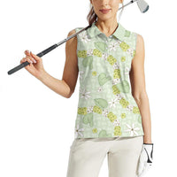Hawaii Anthurium Tiare Pikake Lei Women Sleeveless Polo Shirt Sage Green Lauhala Art Pattern
