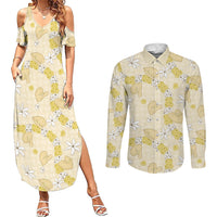 Hawaii Anthurium Tiare Pikake Lei Couples Matching Summer Maxi Dress and Long Sleeve Button Shirt Melemele Lauhala Art Pattern LT01 Yellow - Polynesian Pride