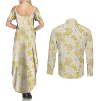 Hawaii Anthurium Tiare Pikake Lei Couples Matching Summer Maxi Dress and Long Sleeve Button Shirt Melemele Lauhala Art Pattern LT01 - Polynesian Pride