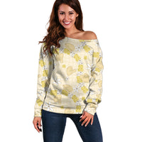 Hawaii Anthurium Tiare Pikake Lei Off Shoulder Sweater Melemele Lauhala Art Pattern LT01 Women Yellow - Polynesian Pride