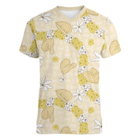 Hawaii Anthurium Tiare Pikake Lei Women V-Neck T-Shirt Melemele Lauhala Art Pattern LT01 Female Yellow - Polynesian Pride