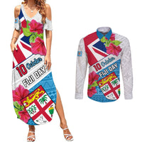 Fiji Day Couples Matching Summer Maxi Dress and Long Sleeve Button Shirts Fijian Hibiscus Special Version LT01 White - Polynesian Pride