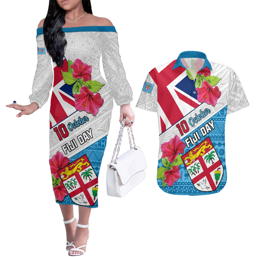 Personalised Fiji Day Couples Matching Off The Shoulder Long Sleeve Dress and Hawaiian Shirt Fijian Hibiscus Special Version LT01 White - Polynesian Pride