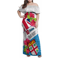 Personalised Fiji Day Family Matching Off Shoulder Maxi Dress and Hawaiian Shirt Fijian Hibiscus Special Version LT01 Mom's Dress White - Polynesian Pride