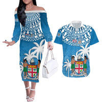 Fiji Couples Matching Off The Shoulder Long Sleeve Dress and Hawaiian Shirt Bula Fijian Tapa Pattern LT01 Blue - Polynesian Pride