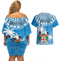 Personalised Fiji Couples Matching Off Shoulder Short Dress and Hawaiian Shirt Bula Fijian Tapa Pattern LT01 - Polynesian Pride