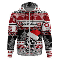 Custom New Zealand Christmas Hoodie Maori Meri Kirihimete Moko LT01 Zip Hoodie Red - Polynesian Pride