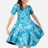 Tahiti Ninamu Tiare Floral Family Matching Off The Shoulder Long Sleeve Dress and Hawaiian Shirt Monstera Palm Tropical Leaves LT01 Daughter's Dress Blue - Polynesian Pride