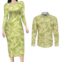 Tahiti Olive Tiare Floral Couples Matching Long Sleeve Bodycon Dress and Long Sleeve Button Shirt Monstera Palm Tropical Leaves - Polynesian Pride