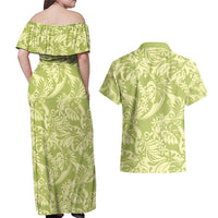 Tahiti Olive Tiare Floral Couples Matching Off Shoulder Maxi Dress and Hawaiian Shirt Monstera Palm Tropical Leaves - Polynesian Pride
