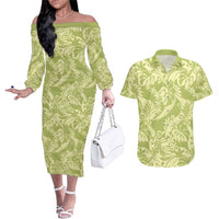 Tahiti Olive Tiare Floral Couples Matching Off The Shoulder Long Sleeve Dress and Hawaiian Shirt Monstera Palm Tropical Leaves - Polynesian Pride