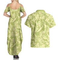 Tahiti Olive Tiare Floral Couples Matching Summer Maxi Dress and Hawaiian Shirt Monstera Palm Tropical Leaves - Polynesian Pride
