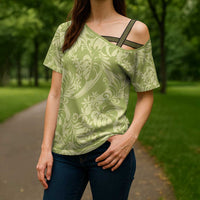 Tahiti Olive Tiare Floral Cross Shoulder Shirt Monstera Palm Tropical Leaves - Polynesian Pride