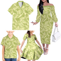 Tahiti Olive Tiare Floral Family Matching Off The Shoulder Long Sleeve Dress and Hawaiian Shirt Monstera Palm Tropical Leaves - Polynesian Pride