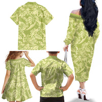Tahiti Olive Tiare Floral Family Matching Off The Shoulder Long Sleeve Dress and Hawaiian Shirt Monstera Palm Tropical Leaves - Polynesian Pride