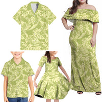 Tahiti Olive Tiare Floral Family Matching Off Shoulder Maxi Dress and Hawaiian Shirt Monstera Palm Tropical Leaves - Polynesian Pride