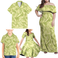 Tahiti Olive Tiare Floral Family Matching Off Shoulder Maxi Dress and Hawaiian Shirt Monstera Palm Tropical Leaves - Polynesian Pride