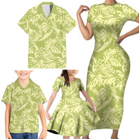Tahiti Olive Tiare Floral Family Matching Short Sleeve Bodycon Dress and Hawaiian Shirt Monstera Palm Tropical Leaves - Polynesian Pride