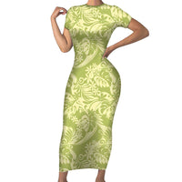 Tahiti Olive Tiare Floral Family Matching Short Sleeve Bodycon Dress and Hawaiian Shirt Monstera Palm Tropical Leaves - Polynesian Pride