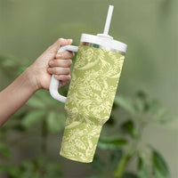 Tahiti Olive Tiare Floral Tumbler With Handle Monstera Palm Tropical Leaves - Polynesian Pride