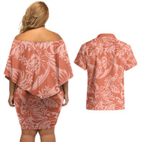 Tahiti Puatou Tiare Floral Couples Matching Off Shoulder Short Dress and Hawaiian Shirt Monstera Palm Tropical Leaves - Polynesian Pride