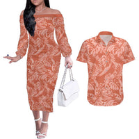 Tahiti Puatou Tiare Floral Couples Matching Off The Shoulder Long Sleeve Dress and Hawaiian Shirt Monstera Palm Tropical Leaves - Polynesian Pride