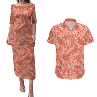 Tahiti Puatou Tiare Floral Couples Matching Puletasi and Hawaiian Shirt Monstera Palm Tropical Leaves LT01 Orange - Polynesian Pride