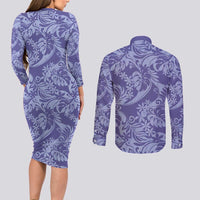 Tahiti Vareau Tiare Floral Couples Matching Long Sleeve Bodycon Dress and Long Sleeve Button Shirt Monstera Palm Tropical Leaves - Polynesian Pride