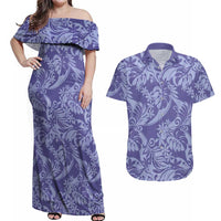 Tahiti Vareau Tiare Floral Couples Matching Off Shoulder Maxi Dress and Hawaiian Shirt Monstera Palm Tropical Leaves - Polynesian Pride