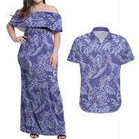 Tahiti Vareau Tiare Floral Couples Matching Off Shoulder Maxi Dress and Hawaiian Shirt Monstera Palm Tropical Leaves - Polynesian Pride