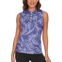 Tahiti Vareau Tiare Floral Women Sleeveless Polo Shirt Monstera Palm Tropical Leaves - Polynesian Pride