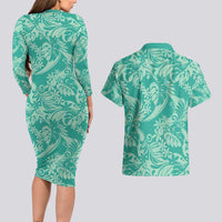 Tahiti Teal Tiare Floral Couples Matching Long Sleeve Bodycon Dress and Hawaiian Shirt Monstera Palm Tropical Leaves - Polynesian Pride