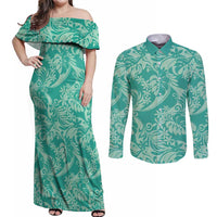 Tahiti Teal Tiare Floral Couples Matching Off Shoulder Maxi Dress and Long Sleeve Button Shirt Monstera Palm Tropical Leaves - Polynesian Pride