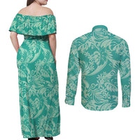Tahiti Teal Tiare Floral Couples Matching Off Shoulder Maxi Dress and Long Sleeve Button Shirt Monstera Palm Tropical Leaves - Polynesian Pride