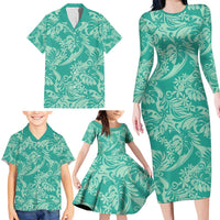 Tahiti Teal Tiare Floral Family Matching Long Sleeve Bodycon Dress and Hawaiian Shirt Monstera Palm Tropical Leaves - Polynesian Pride