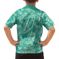 Tahiti Teal Tiare Floral Family Matching Off Shoulder Maxi Dress and Hawaiian Shirt Monstera Palm Tropical Leaves - Polynesian Pride