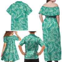 Tahiti Teal Tiare Floral Family Matching Off Shoulder Maxi Dress and Hawaiian Shirt Monstera Palm Tropical Leaves - Polynesian Pride