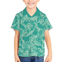Tahiti Teal Tiare Floral Family Matching Off Shoulder Maxi Dress and Hawaiian Shirt Monstera Palm Tropical Leaves - Polynesian Pride