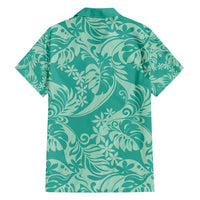 Tahiti Teal Tiare Floral Family Matching Off Shoulder Short Dress and Hawaiian Shirt Monstera Palm Tropical Leaves - Polynesian Pride