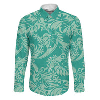 Tahiti Teal Tiare Floral Family Matching Off Shoulder Short Dress and Hawaiian Shirt Monstera Palm Tropical Leaves LT01 Dad's Shirt - Long Sleeve Teal - Polynesian Pride