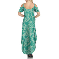 Tahiti Teal Tiare Floral Family Matching Summer Maxi Dress and Hawaiian Shirt Monstera Palm Tropical Leaves LT01 - Polynesian Pride